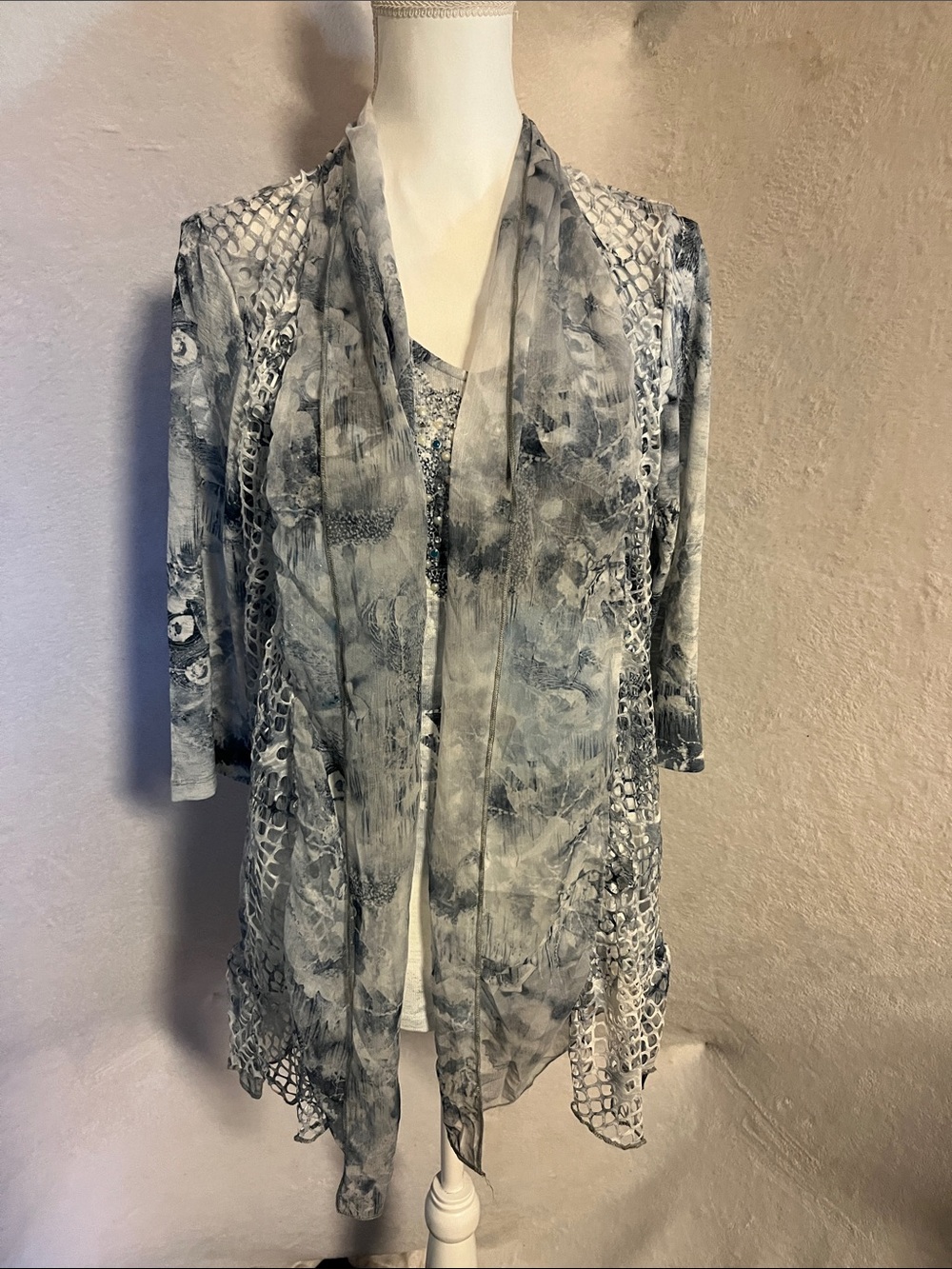 Light Blue & White Floral-Print Women's Blouse with Sheer Scarf Detail